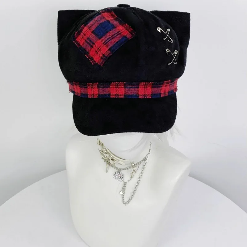 

Fashion Hot Sale Original Cute Cat Ear Patch Subculture Punk Cross Unisex Female Dark Plaid New Beret Cloud Hat
