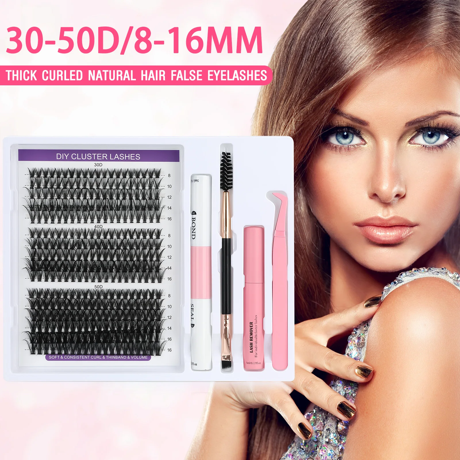 30D-50D Individual cluster Lashes set Bond and seal lash kit Soft Natural eyelashes 8-16MM Thick curled up Lash supplies make up