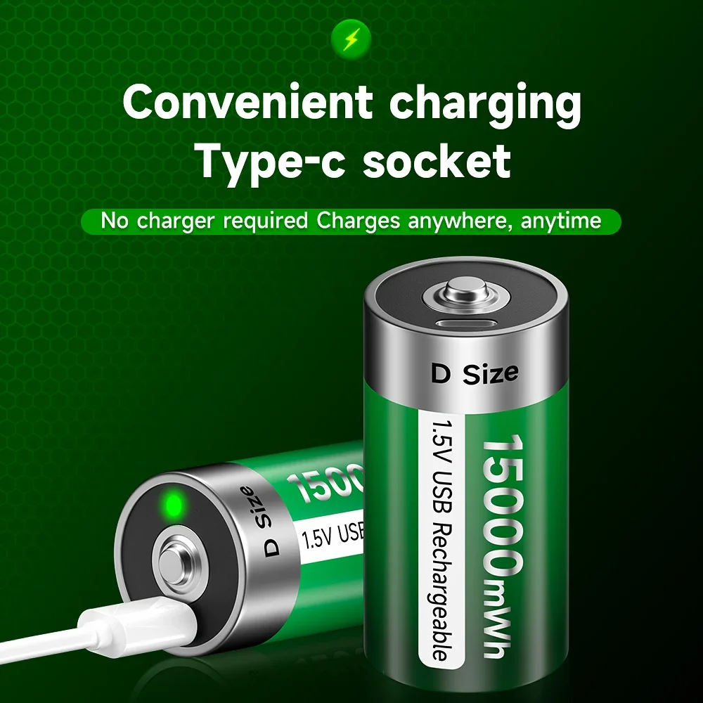 1.5V USB LR20 Battery Rechargeable R20 15000mWh D Size Type Batteries + Type-C Cable for Gas Appliances Liquefied Cooker Li-ion