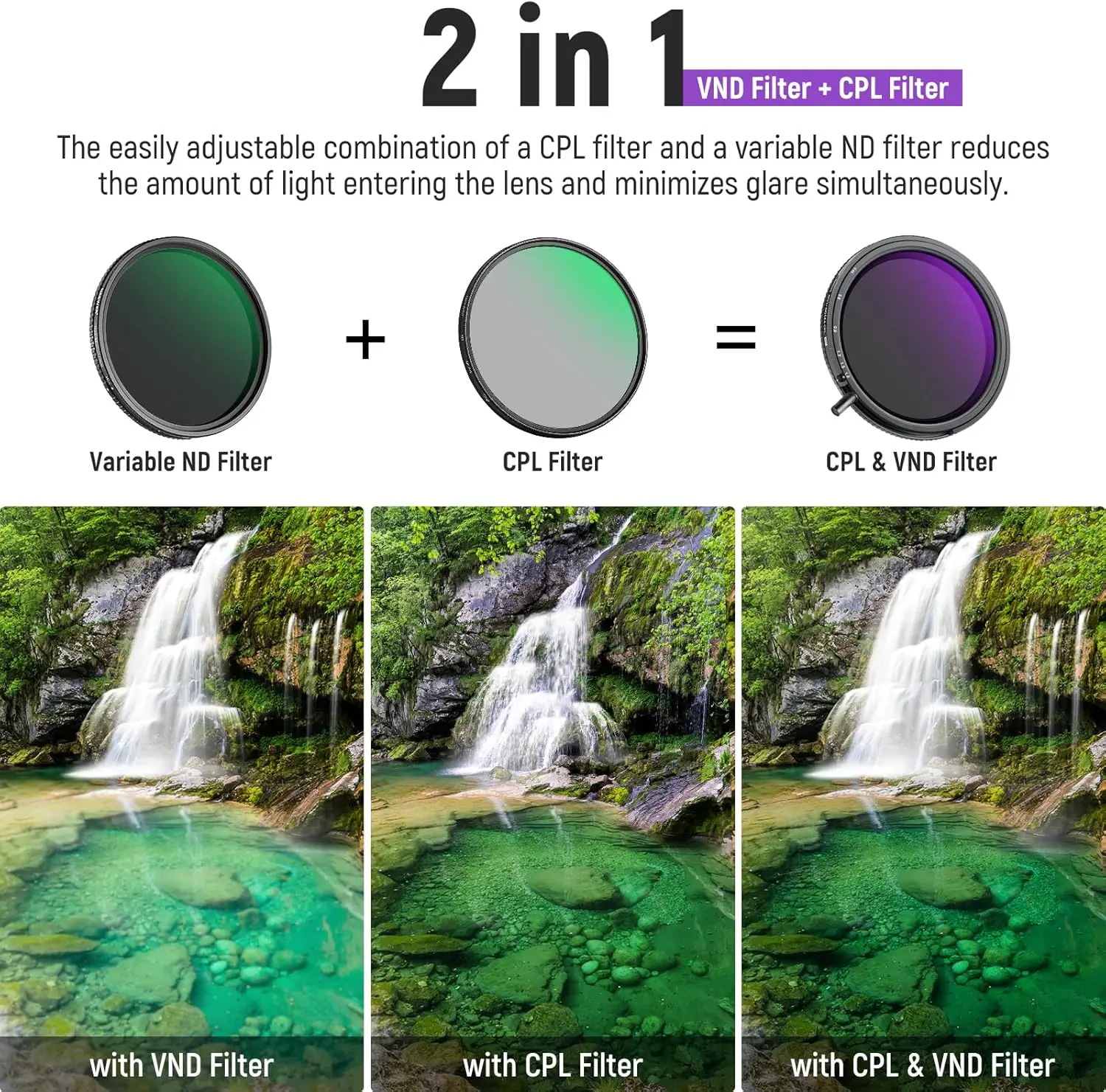 NEEWER 49mm-72mm True Colors Variable ND&CPL Filter with Putter, ND3-64, 2 in 1 Adjustable Limited Neutral Density & CPL Filter