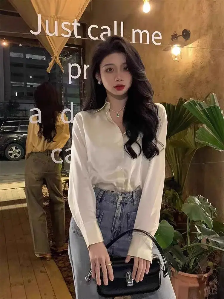 Elegant Satin Solid Women Shirt Autumn Turn-down Collar Ladies Blouse Spring Vintage Casual Button Simple Tops Female Clothes