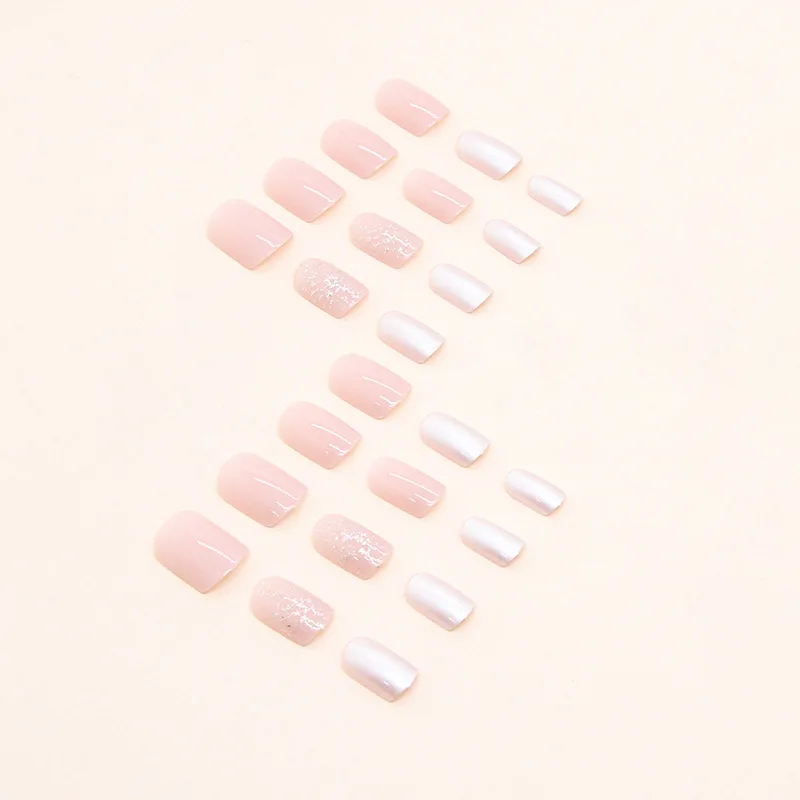 24pcs Short Pink Glitter Sweet Adhesive Press on Nails Acrylic Short Reusable Nail Art Decorated Full Cover Fake Nail Manicure