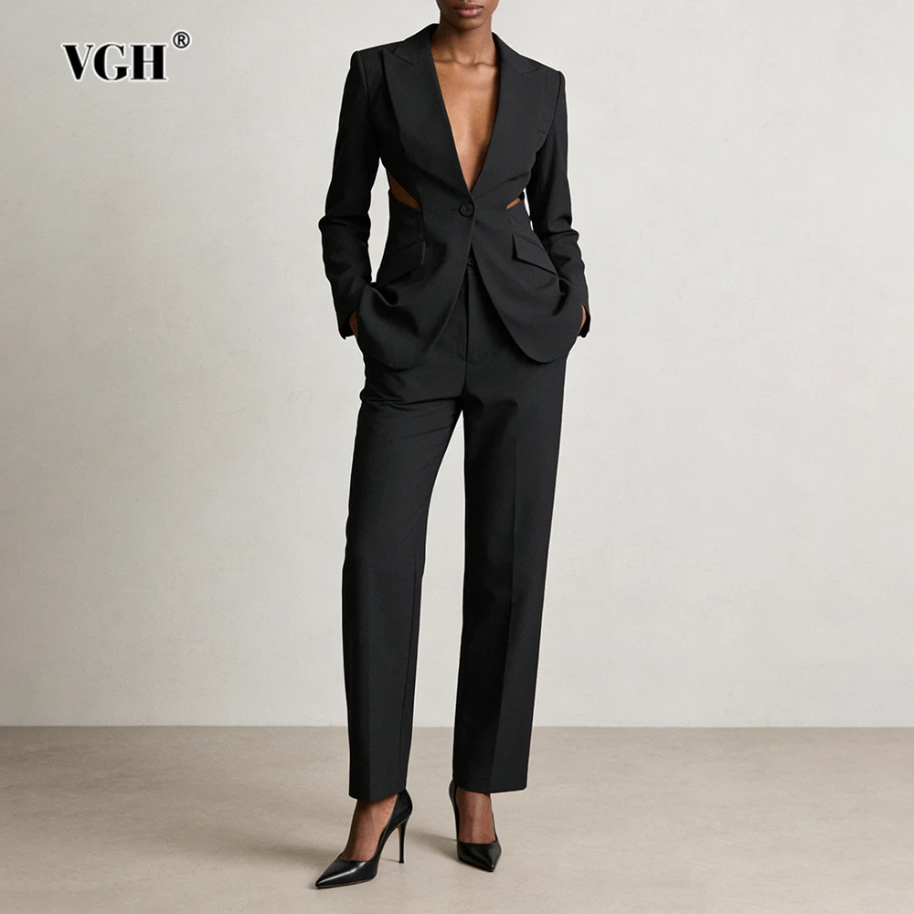 VGH Slimming Hollow Out Trend Two Piece Sets For Women Lapel Long Sleeve Top High Waist Pants Summer Temperament Set Female New