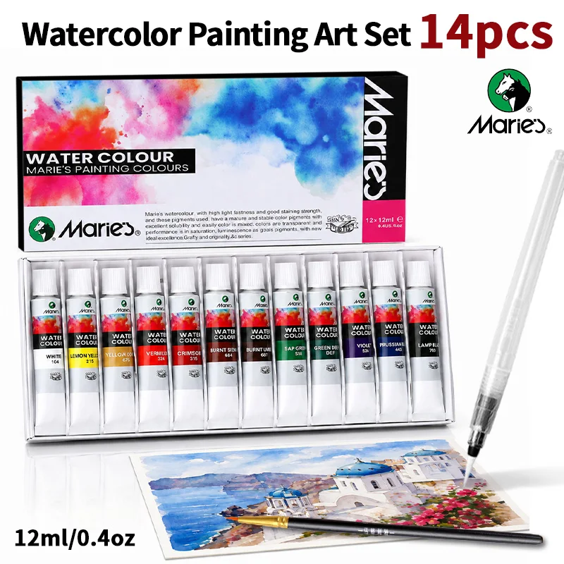 14-teiliges Marie's Aquarellfarben-Set, 12 Farben 12ml Pigmente mit 1 Wasserpinsel & 1 Detailpinsel, Reichhaltige Pigmente, Leicht zu Verblenden