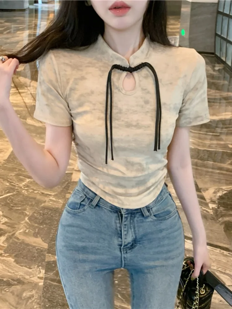 

New Chinese Style Tight Fit Short Sleeve T-Shirt Women's Summer National Style Gradient Retro Hot Girl Stand Collar Top