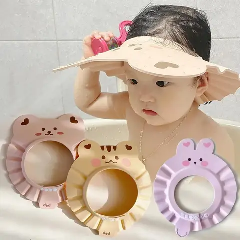 Cute Bear Adjustable Shower Cap Baby Eyes-Protected Ears-Protected Infant Bathing Protection Hat Soft Baby Hair Washing Hat