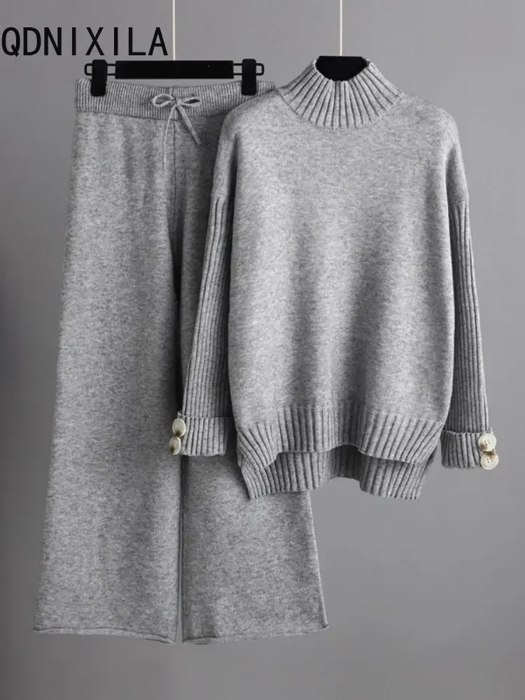 Sweaters Two Piece Sets Womens Outifits Autumn Winter New Half High Collar Knitted Sweaters Pullover Suit High Waisted Pant Sets