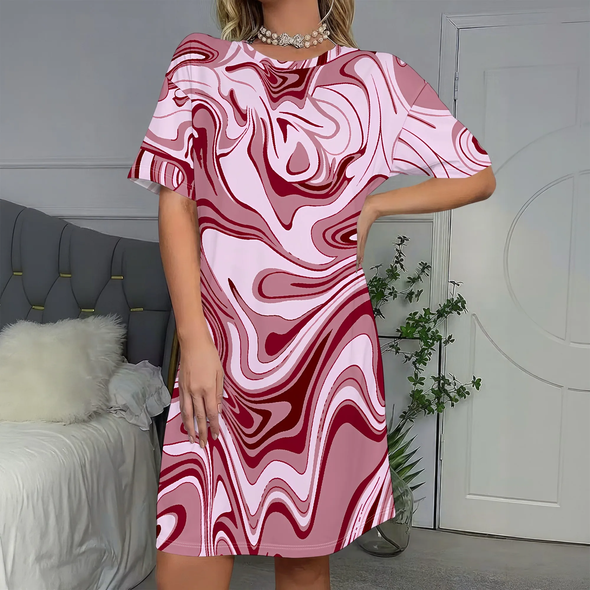 

Marble Print, Short Sleeve Dress, Abstract Swirls, Pink Red Tunic, Casual Summer Wear, Beach Party Outfit, S-2XL