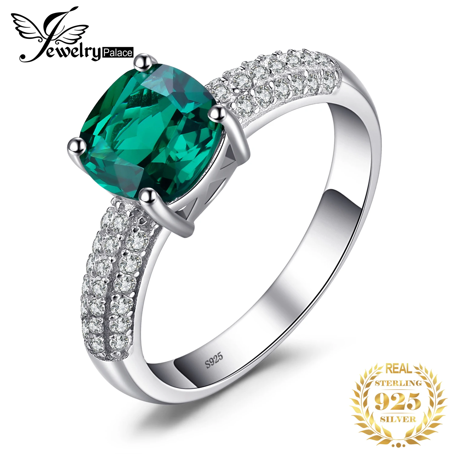 JewelryPalace Green Simulated Nano Emerald Created Ruby Ring 925 Sterling Silver Gemstone Solitaire Engagement Rings for Women