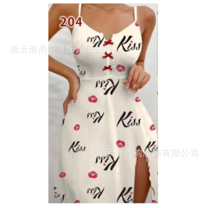 Women Camisole Nightgown Kiss Lip Print Ribbed Side Slit V Neck Summer Plus Size Vestido De Dormir Mujer Loungewear Night Wear
