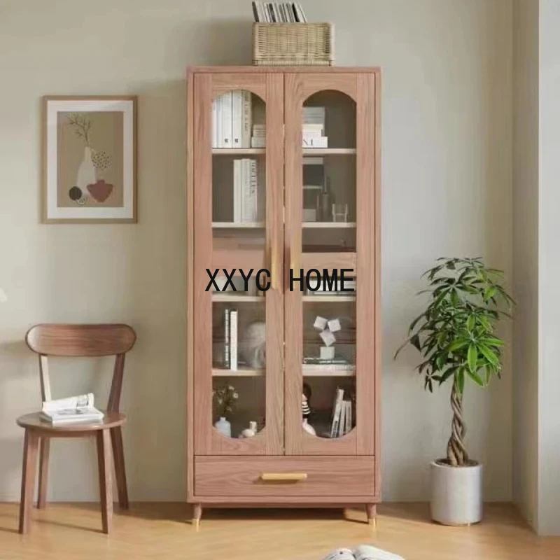 Solid Wood Combined Bookcase Light Luxury Apartment Study Simple Modern Living Room Wall Bookcase Glass Door