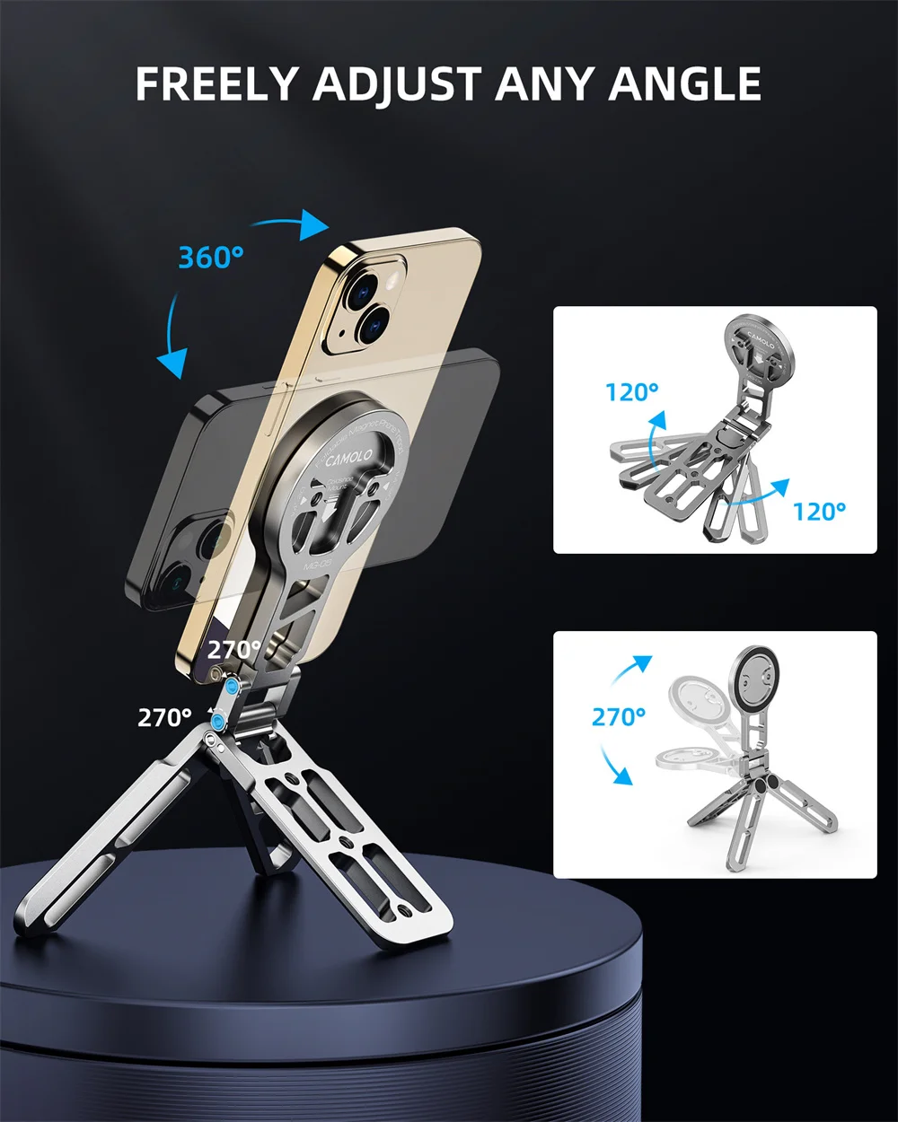 Foldable Magsafe Tripod Magnetic Tripod Handle Selfie stick  Desk Phone Stand w Arca-Swiss Cold Shoe for iPhone 15/14/13 Android