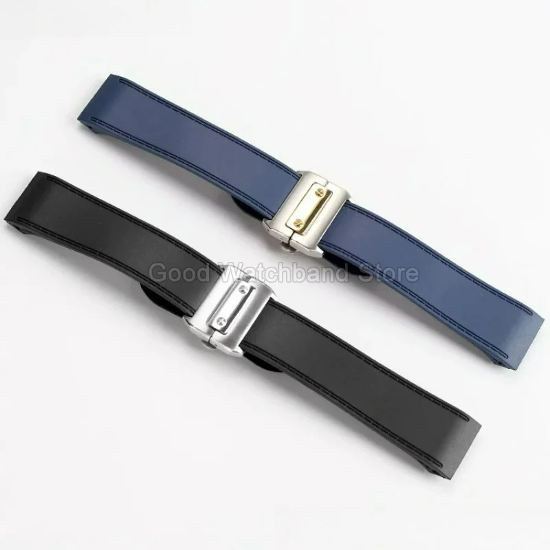 Correa de reloj de goma de alta calidad, color negro y azul, interfaz plana de 23 y 25mm para reloj Cartier Santos Sandoz 100, pulsera Ultra Flexible