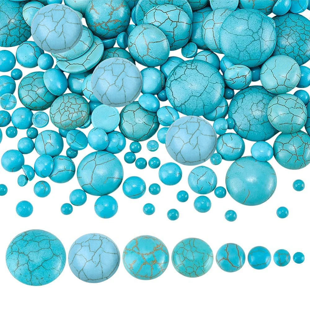180PCS Stone Turquoise Cabochons 8 Size Texture Dome Tiles Half Round Turquoise Beads Blue Flatback Stone for Earring Bracelet