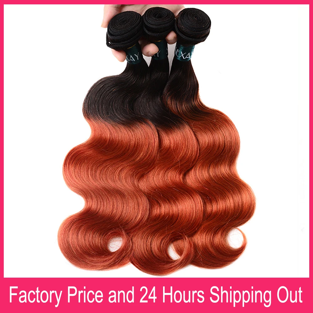 1B 350 Body Wave Human Hair Weave Bundles For Black Women 14-30 Inch Long Length Body Wavy Ombre Orange Human Hair Weave Bundles