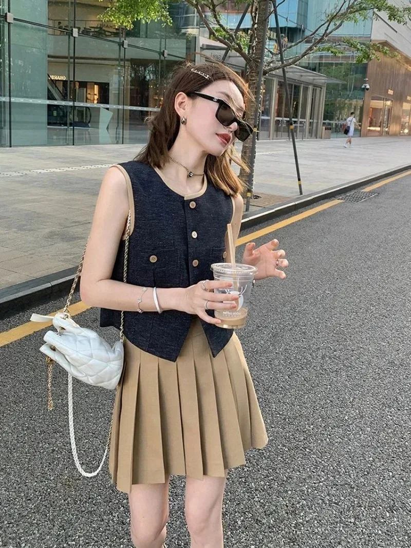 Fashion Temperament Vest Pleated Skirt Two-piece Set Women Single Breasted Sleeveless Spicy Korean College Slim Summer Chic Suit