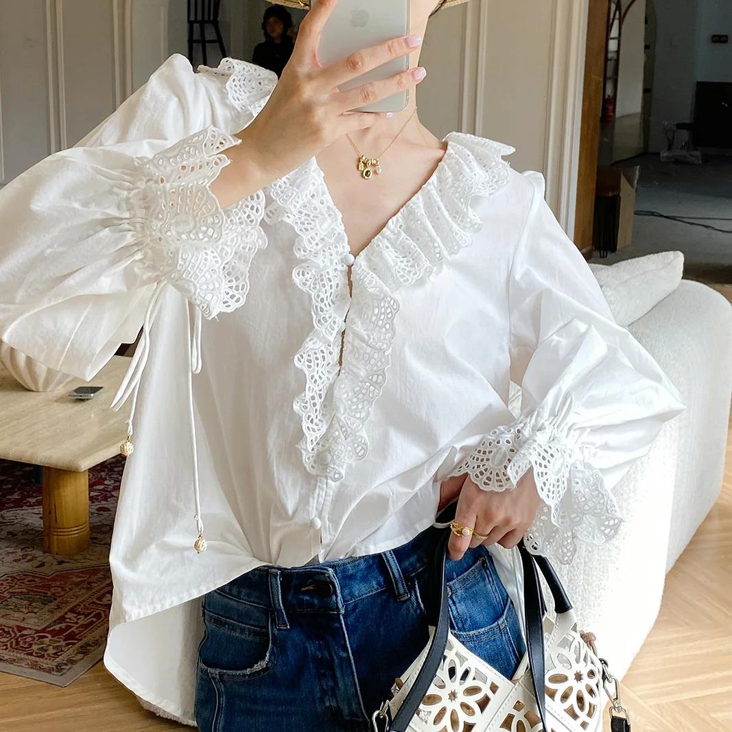 

2025 Autumn New White Shirt Women's Ruffle Embroidery V-Neck Long Sleeve French Shirt Blouse Casual Beach Vacation Bohemian Top