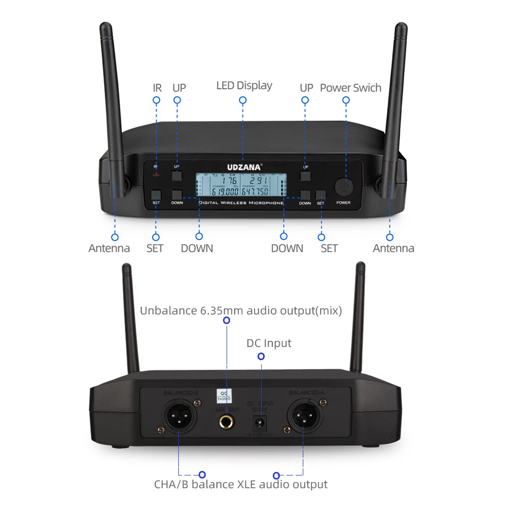 UDZANA GLXD4 600-699mhz Professional UHF  Wireless Microphone  System stage performances  Dynamic 2 Channel Handheld