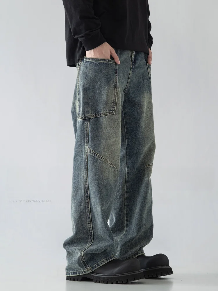 

American Sle Vintage Multi-ket Denim Pants Men's Loose Straight Leg Retro Weathered CleanFit Long Trousers Autumn Winter