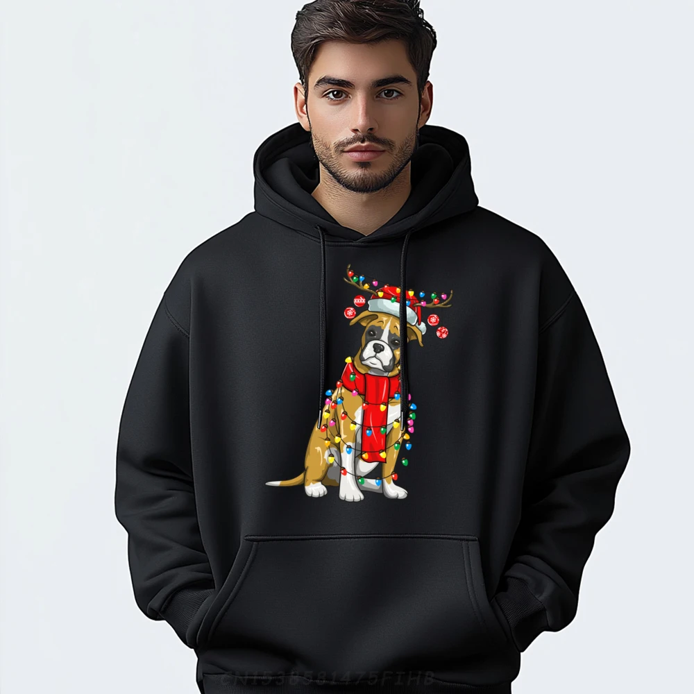 

Christmas Cute Boxer Dog Holiday Lights With Antlers Harajuku Sweater Sweatshirts For Men