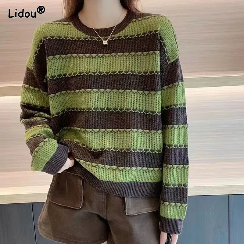 Fashionable Lazy Style Loose Contrasting Colors Striped Pullovers O-Neck Korean Knitting Autumn Winter Thick Women's Clothing