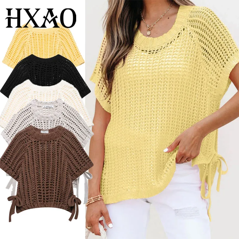 

Female Clothing Cropped Net Sweater Cardigan For Women Korean Fashion Summer Knit Short Sleeve Cute Elegant Woman Crochet Top