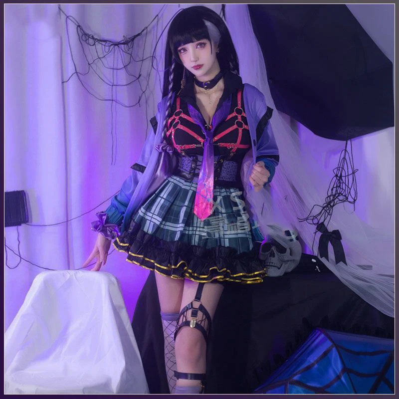 Vtuber XSOLEIL Traje Cosplay para Mulheres, Terno Meloco Kyoran, Roupa de Halloween, Roupas Anime, Peruca, Guarda-chuva, Sapatos