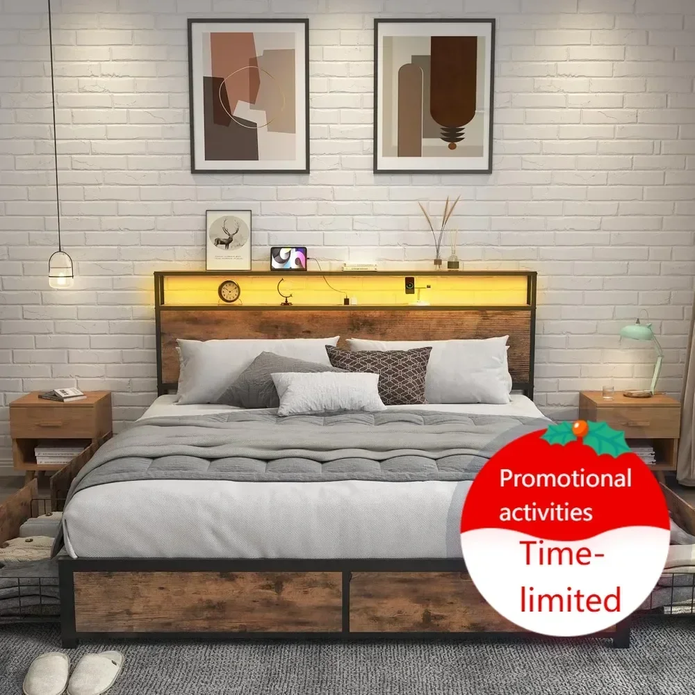 Hot salesMetal Queen-Size Bed Frame with Storage Headboard and 4 Drawers, Including Built-In Charging Station