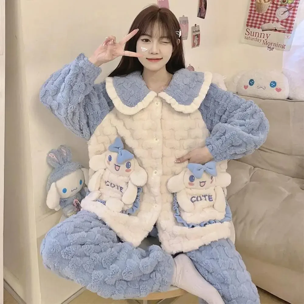 Sanrioed Anime Kawaii Cinnamoroll My Melody Kuromi Women\'s Pajamas Coral Velvet Thickened Long Sleeve Nightwear Winter Homewear