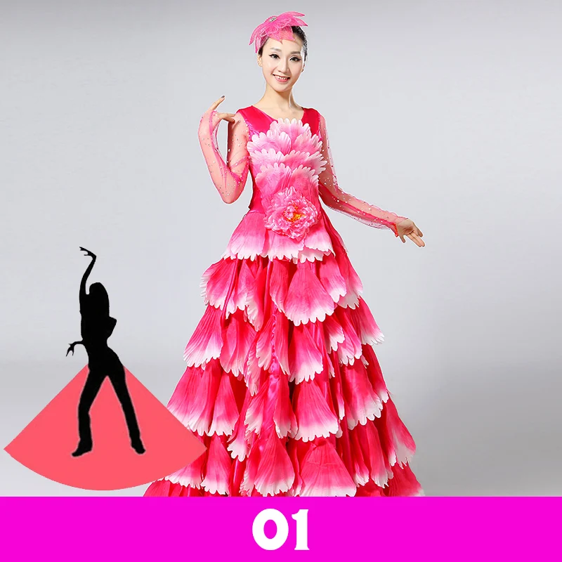 Damen Spanisches Flamenco Stierkampf-Kleid, Eröffnungstanz, Großer Schwung, Blütenblatt-Design, Klassische Kleider, Bühnentänzerin, Performance-Rock, Kostüm – Detail 20