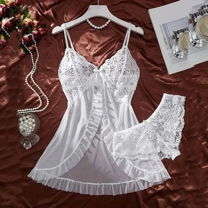 Un conjunto de camisón de tul Ultra Sexy, sujetador con cuello en V, falda abierta para dormir, vestido erótico de noche para mujer, pijamas transparentes, pantalones de lencería, kit de lujo