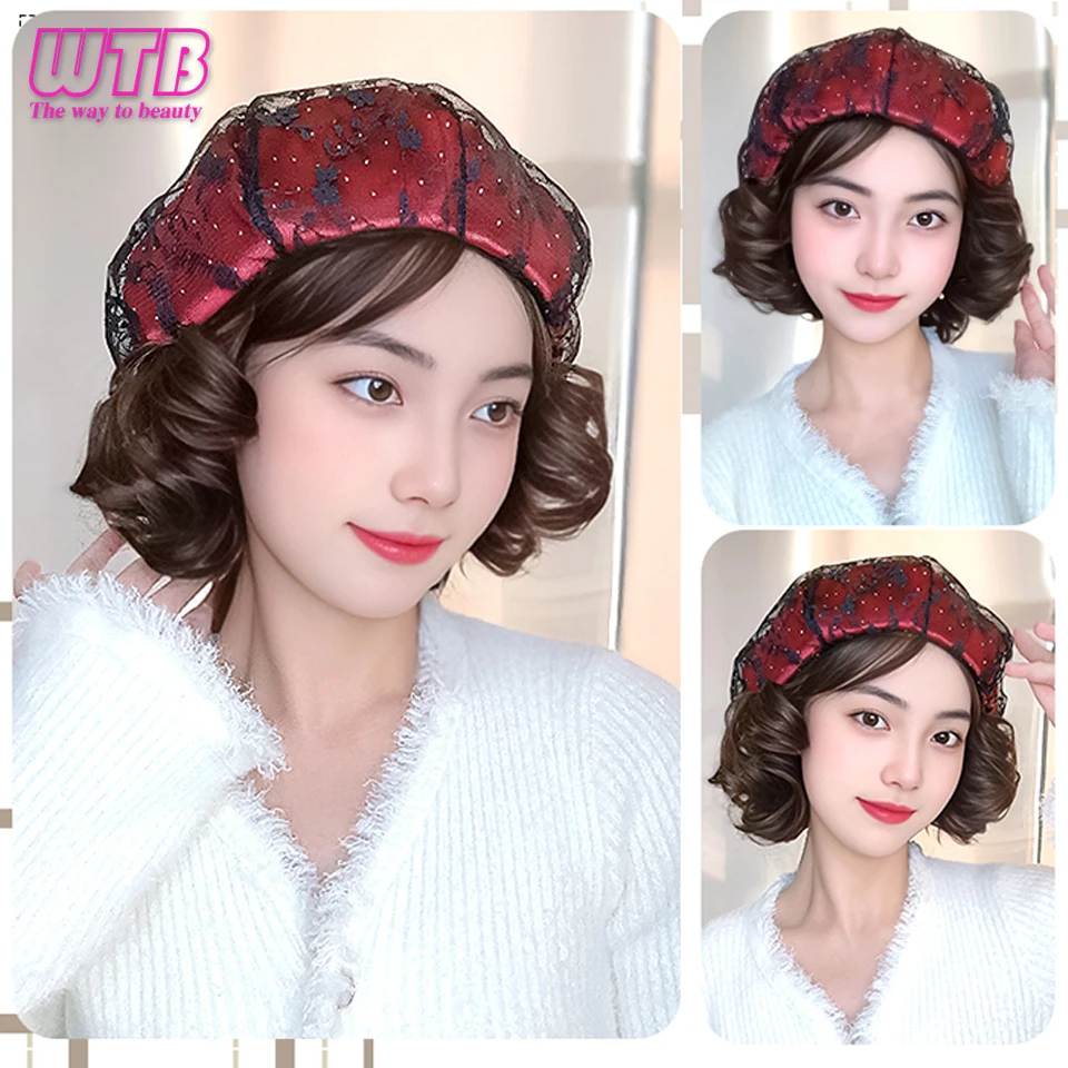 WTB Synthetic Hat Wig Female Lace Short Curly Hair Beret One-piece Fashion Octagonal Wig Hat For women