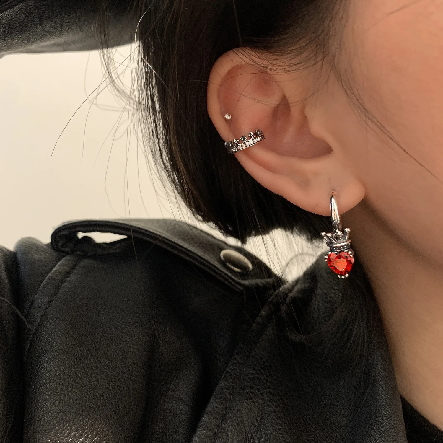 OIMG Silver - Plated Vintage Thai Silver Crown Love Heart Hoop Earrings For Women Crystal Red Gem Earring Trendy Jewelry