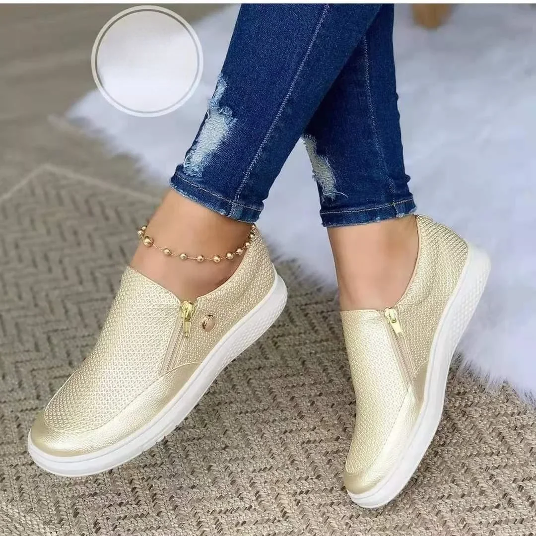 Women Shoes 2023 Fashion Round Toe Flats Loafers Female Slip on Zipper Casual Shoes Autumn Fashion Female Moccasins Plus Size 43