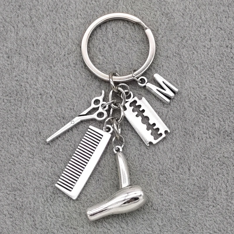 Fashion Barber Keychain A-Z Letter Charm Scissors Comb Razor Blade Hair Dryer Keyring for Hair Stylist Gifts