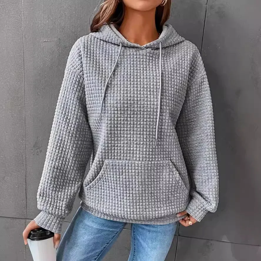 

Women Oversized Waffle Sweatshirts Autumn Winter Female Tie Collar Hoody Pullover Pocket Hooded Coats