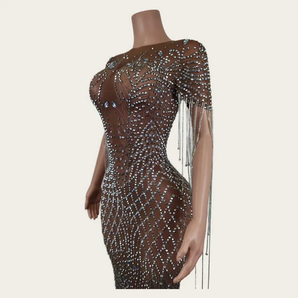 Mode Strass Fransen Transparent Mesh Stretch Kleid Abend Geburtstag Party Prom Feiern Outfit Sexy Bühne Show Kostüme