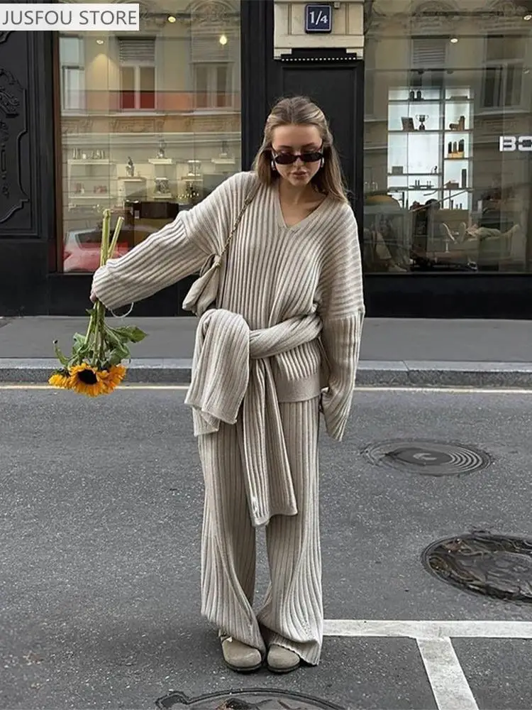 Elegant Burgundy Women's Loose Wide Leg Pants Set Chic Scarf Collar V-Neck Knitted Sweater Suits Lady Street Knitwear 2026
