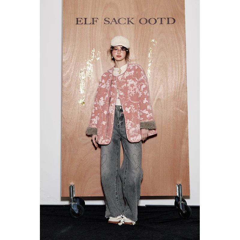 ELFSACK Women's Neo‑Chinese Padded Coat with Floral Print & Furry Cuffs, Frog Button Loose Outerwear
