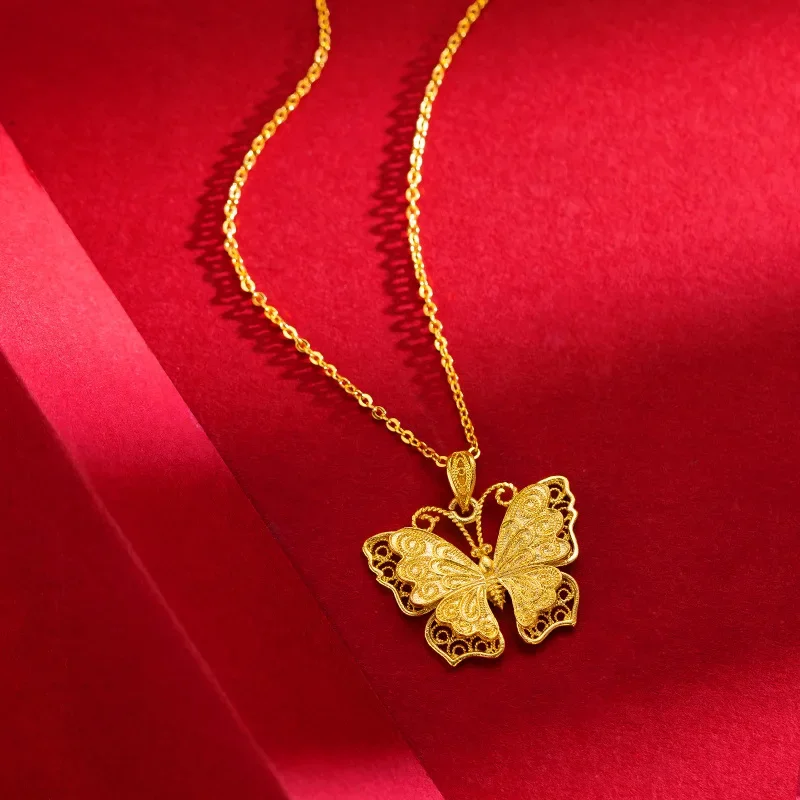 Retro Hollowed Out 9999 24K Real Gold Antique Butterfly Necklace with High-end Feel Butterfly Collarbone Chain for Women Wife