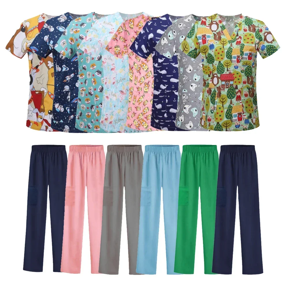 

Pet Doctor Work Clothes Cotton Scrubs Workwear Women Uniforms Wholesale Printing Scrubs Tops+Pants Uniformes Clinicos Mujer