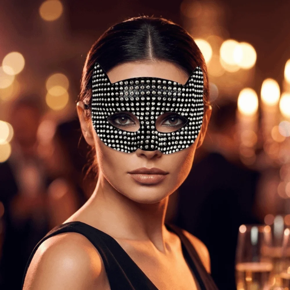 

Chic Plastic Halloween Mask Sparkly Rhinestone Cat Ear Half Face Mask Shiny Lightweight Masquerade Eye Mask Club