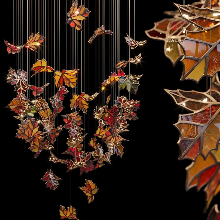 Maple Leaf Hotel Custom LED Glass Chandelier Adjustable Height Pendant Light E12 Bulb Base for Villa Banquet Hall Bar Stair Home