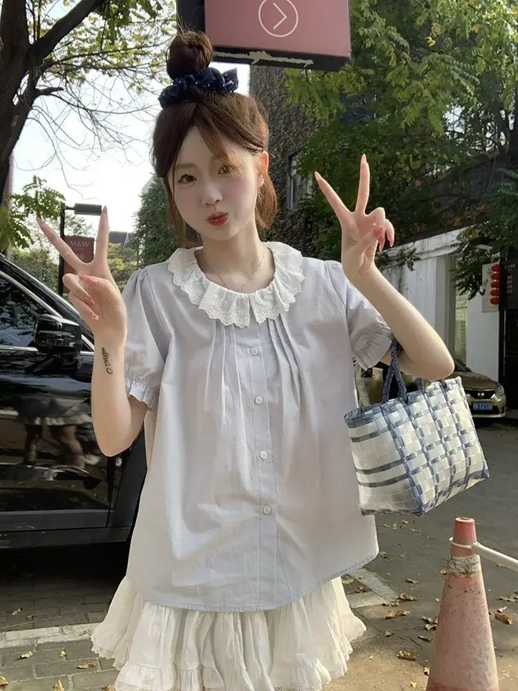 프레피 스타일 스윗 셔츠 여성 한국 레이스 플로럴 패치워크 블라우스 여름 귀여운 피터팬 칼라 캐주얼 올매치 여성 상의