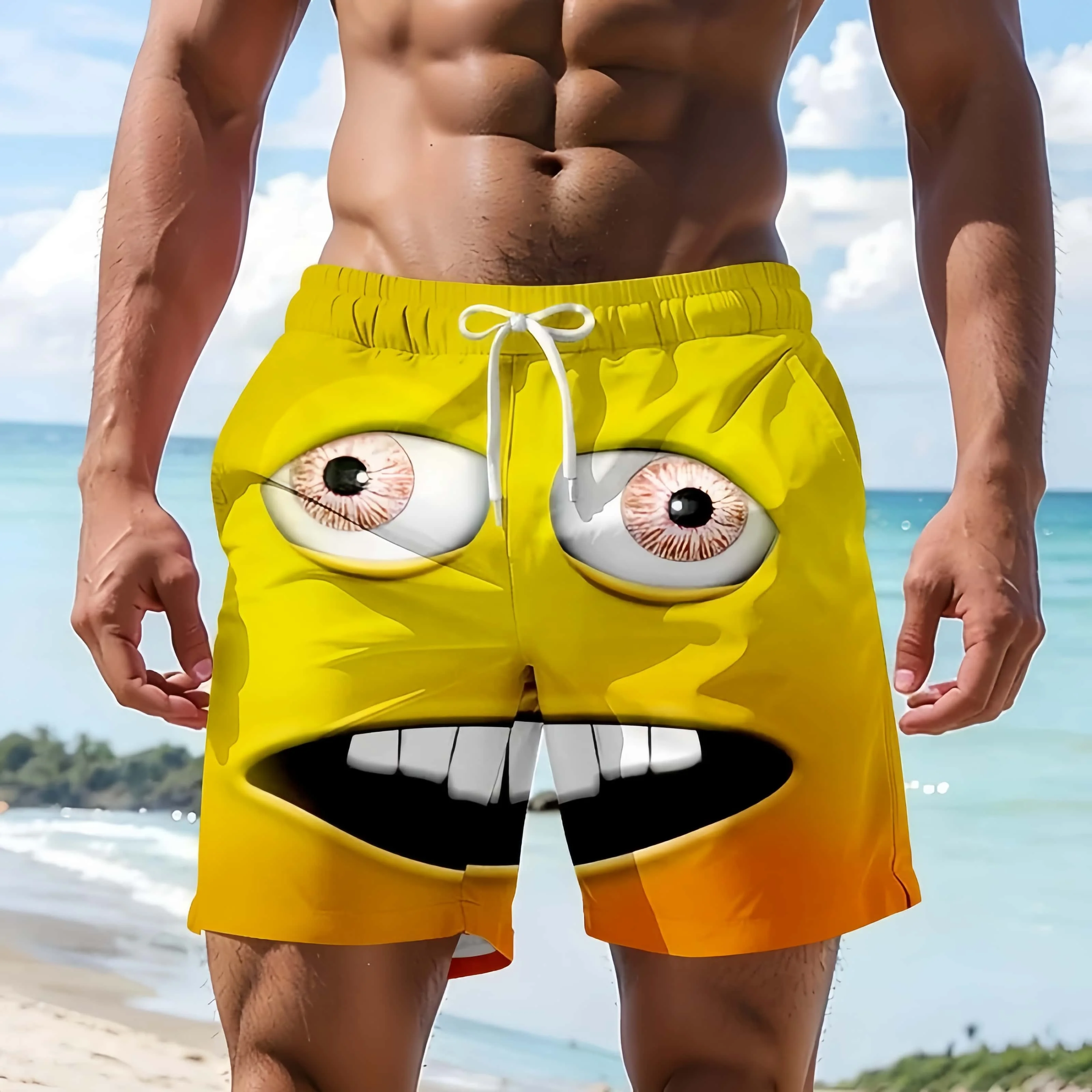 Fun Big Eyes Monster 3D Printed Men's Beach Shorts Quick Drying Lightweight Breathable Casual Pants Beach Vacation Fun