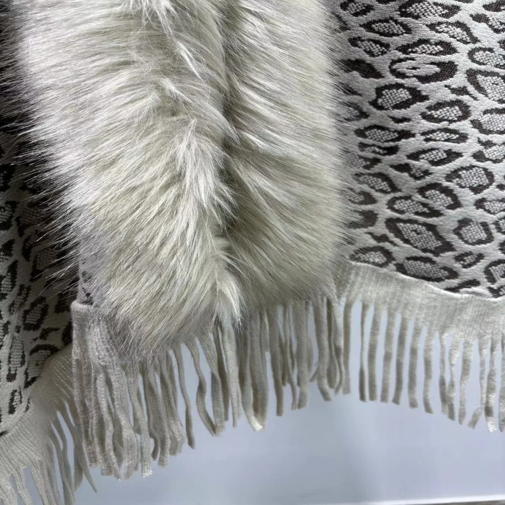 Winter Warm Faux Fur Collar Shawl Leopard Print Striped Mongolian Poncho Ethnic Style Cardigan Tassel Shawl For Autumn Winter