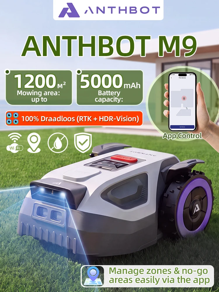 ANTHBOT M9 Robotermäher, RTK-Navigation + Dual-Vision, 4G, 5000 mAh, 150 m²/h, 24° (45 %) Steigung, Multizonenverwaltung, App-Steuerung, für Gärten bis 1200 m², kabelloser smarter Mähroboter