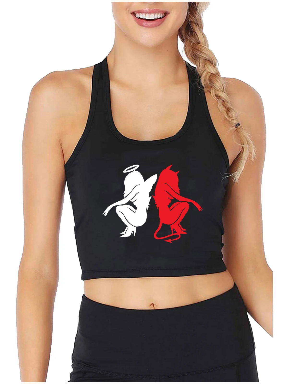 

Angel and Demon Graphic Sexy Slim Fit Crop Top Hotwife Funny Naughty Swing Tank Tops Women's Cotton Sports Fitness Camisole