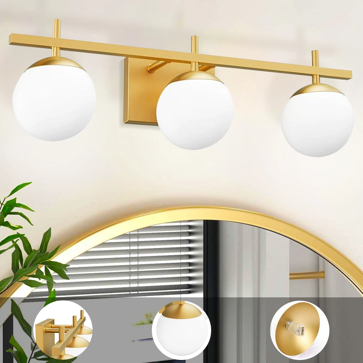 

Modern Brass Bathroom Vanity Lights,3-Light Gold Bathroom Over Mirror Wall Sconces Light Fixture With Frosted Milky Glasses