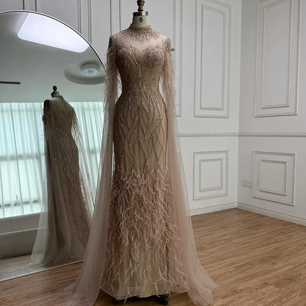 Nude Feather Evening Dress for Women High Neck Cape Sleeve Luxury Beaded  Formal Gown Serene Hill 2026 Customized CLA71885C - AliExpress 320